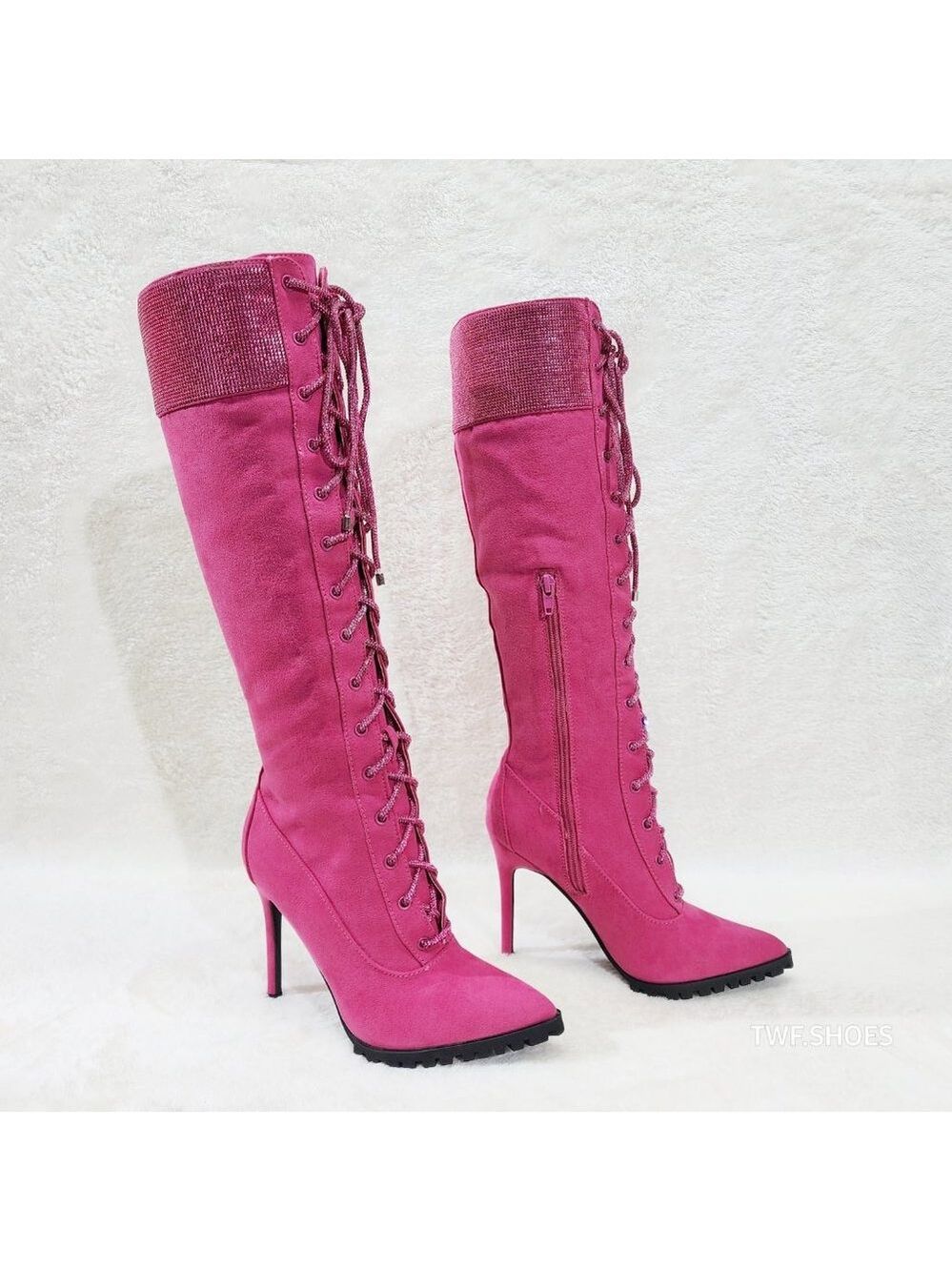 Queens FX Suede & Rhinestone Pointy Toe High Heels Stiletto Lace Up Knee Boots - Picture 8 of 14